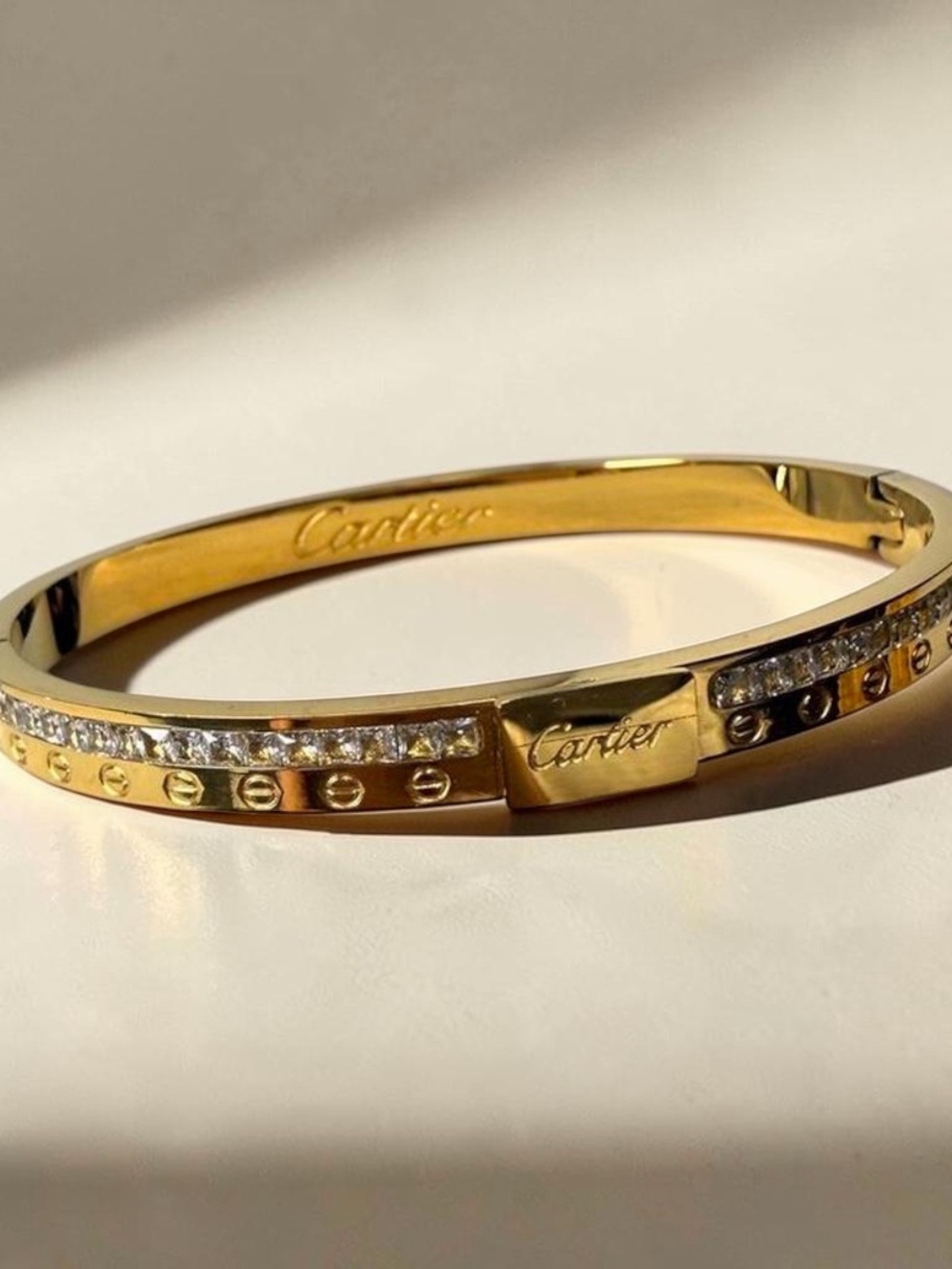 NEW | Stainless Steel Gold Tone Pave Crystal Love Hinge to open Bangle Size 6.5
